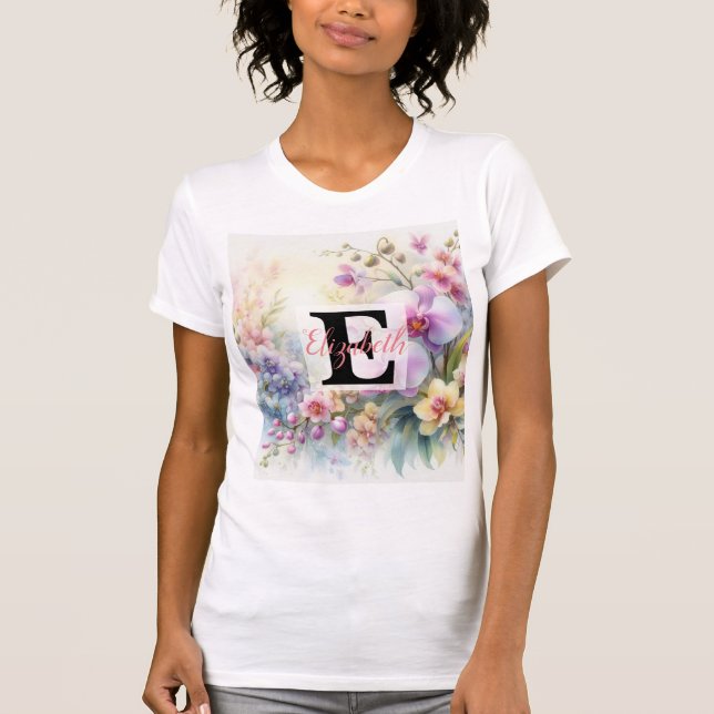 Camiseta Nombre de monograma en acuarela Flores en pasteles (Anverso)