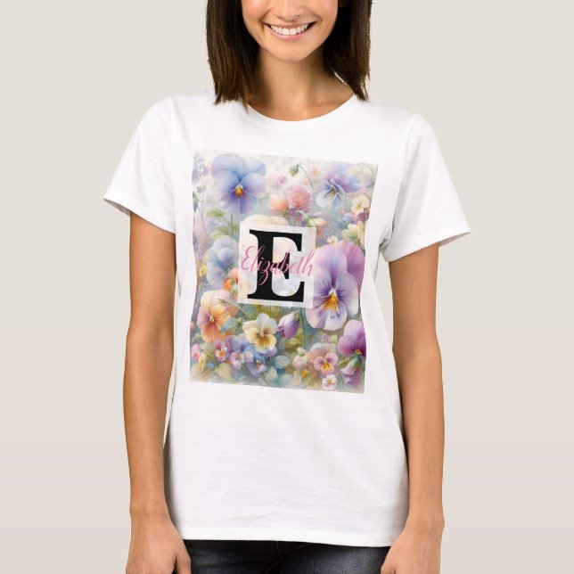 Camiseta Nombre de monograma en acuarela Flores en pasteles (Anverso)