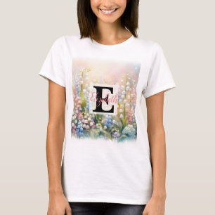 Camiseta Nombre de monograma en acuarela Flores en pasteles