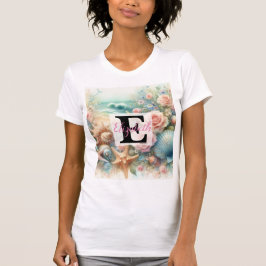 Camiseta Nombre de monograma en acuarela Flores marinas con