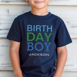 Camiseta Nombre de niño de cumpleaños azul y verde en negri