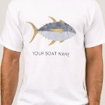 Camiseta Nombre del barco de pescado del atún<br><div class="desc">Un pez atún divertido con una sonrisa descarada,  perfecto para los que les gusta el pescado,  la comida y la pesca. Arte original de Nic Squirrell. Cambie el nombre o el texto del barco para personalizar.</div>