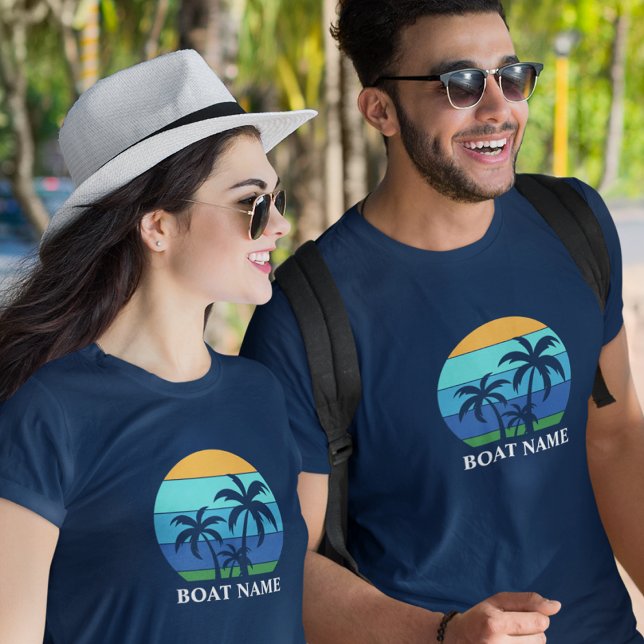Camiseta Nombre del barco Sun Palm Trees Azul (Customize to change text size or text style.)
