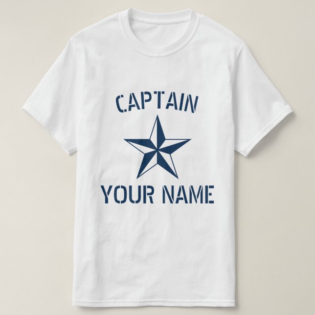 Camiseta Nombre del capitán del barco blanco azul marino es (Diseño del anverso)