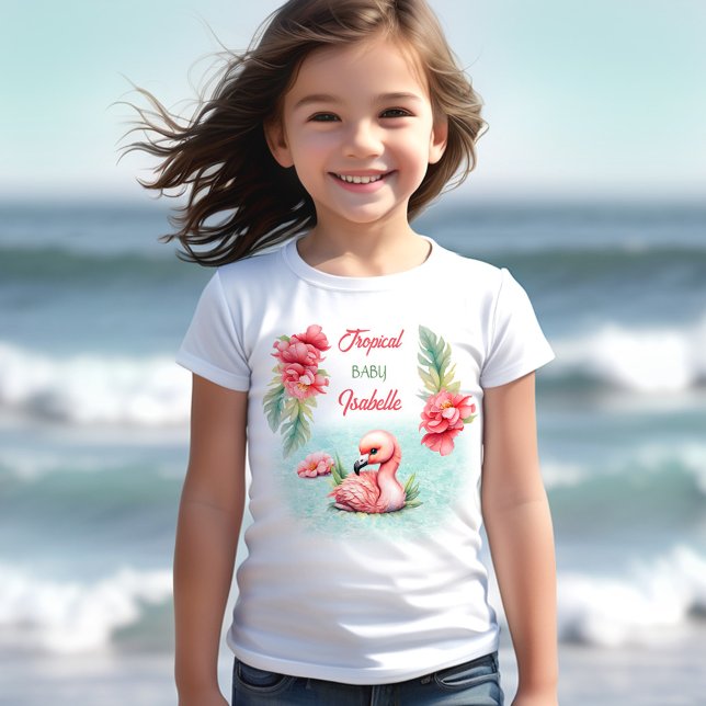 Camiseta Nombre del Chica de flamencos rosados del verano d (Tropical Pastel Summer Pink Flamingo Girl Name T-Shirt)