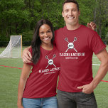 Camiseta Nombre del equipo del jugador del jugador del Pers<br><div class="desc">Muestra el orgullo de tu equipo con este diseño de lacrosse personalizado que incluye palos de lacrosse cruzados y una bola. Añadir texto personalizado - nombre del equipo, nombre del jugador - y un número jersey o año. Hace un regalo perfecto de fin de temporada para el equipo, el jugador...</div>