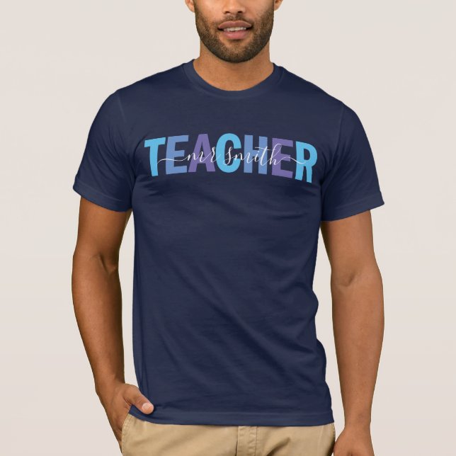 Camiseta Nombre del guión del profesor: hombres azul y púrp (Anverso)