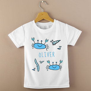 Camiseta Nombre del niño de animales de mar de cangrejo azu