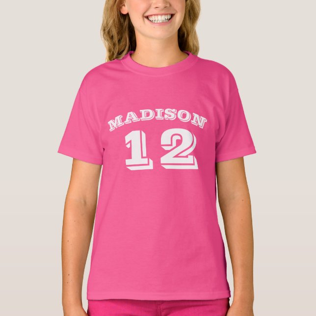Camiseta nombre del personalizar, número blanco rosado (Anverso)