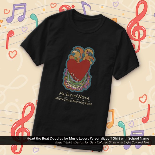 Camiseta Nombre escolar de los amantes de la música Heart t (Heart the Beat Doodles Music Lovers T-Shirt Personalized with School with Your Name)