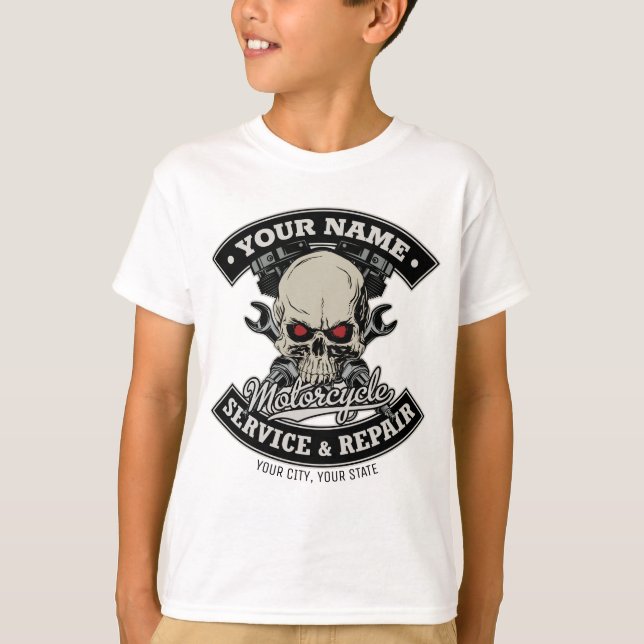 Camiseta NOMBRE Personalizado Biker Mechanic Skull Motorcyc (Anverso)