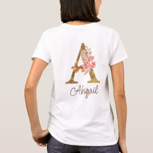 Camiseta Nombre personalizado Blush rosa rosas letra A con