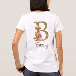 Camiseta Nombre personalizado Blush rosas rosadas hoja dora