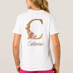 Camiseta Nombre personalizado Blush Rosas Rosadas Letra C c