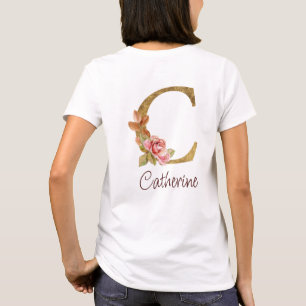 Camiseta Nombre personalizado Blush Rosas Rosadas Letra C c