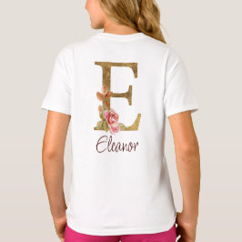 Camiseta Nombre personalizado Carta E Hoja de Oro Rosas Ros