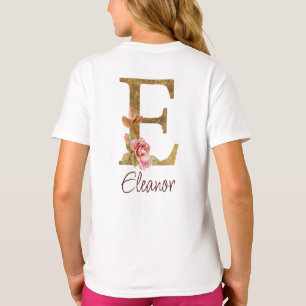 Camiseta Nombre personalizado Carta E Hoja de Oro Rosas Ros