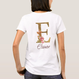 Camiseta Nombre personalizado Carta E Hoja de Oro Rosas Ros