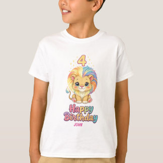 Camiseta Nombre personalizado Cumpleaños 4 León Lindo