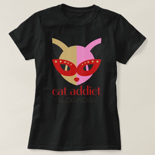 Camiseta Nombre personalizado de Addict Cat Cute Red Pink G (Diseño del anverso)