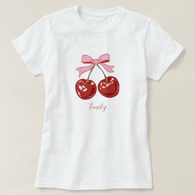 Camiseta Nombre personalizado de Coquette Cherry Bow (Diseño del anverso)