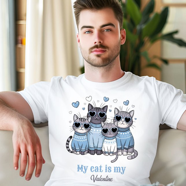 Camiseta Nombre personalizado de gato gatito San Valentín a (Cute Cat Kitty Valentine Blue Men's Custom Name T-Shirt)