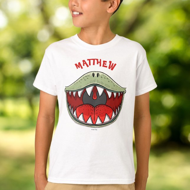 Camiseta Nombre personalizado de los niños de la boca verde (Personalized T-rex Dinosaur Green Mouth Kids Name T-Shirt)