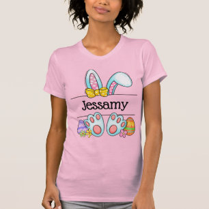 Camiseta Nombre personalizado del conejo de Pascua con lazo