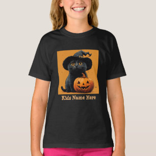 Camiseta Nombre personalizado Halloween Black Cat Pumpkin