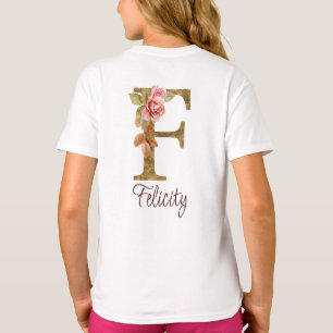 Camiseta Nombre personalizado letra F hoja de oro rosas ros