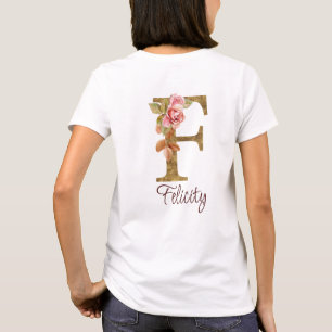 Camiseta Nombre personalizado letra F hoja de oro rosas ros