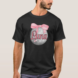 Camiseta Nombre personalizado Luna Coquette Bow Pink Disco 