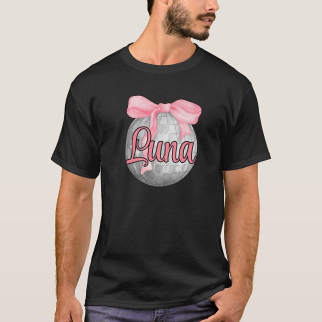Camiseta Nombre personalizado Luna Coquette Bow Pink Disco  (Anverso)