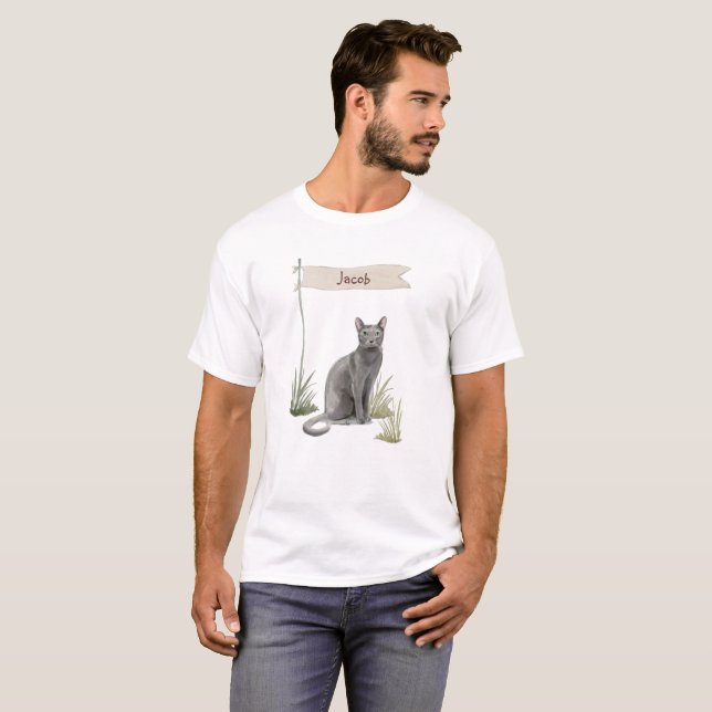 Camiseta Nombre personalizado Mascota de gato ruso azul (Anverso completo)