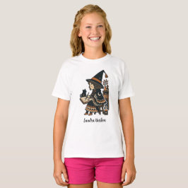 Camiseta Nombre personalizado o texto con bruja estudiando