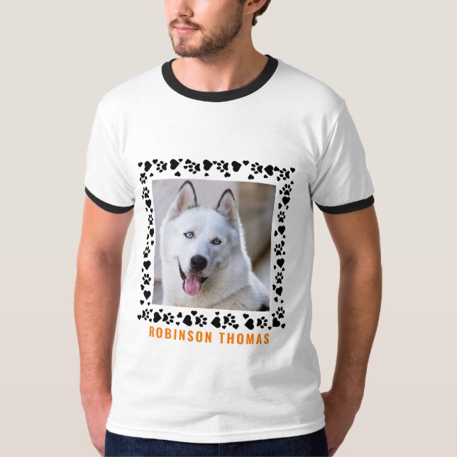 Camiseta Nombre personalizado Perro Paw Hearts Foto Minimal (Anverso)