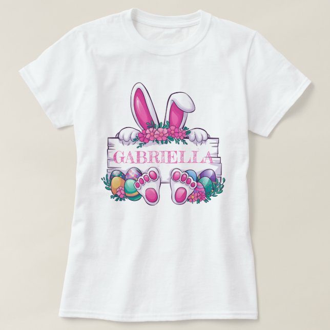 Camiseta Nombre personalizado Tee de Pascua; Conejo y Huevo (Diseño del anverso)