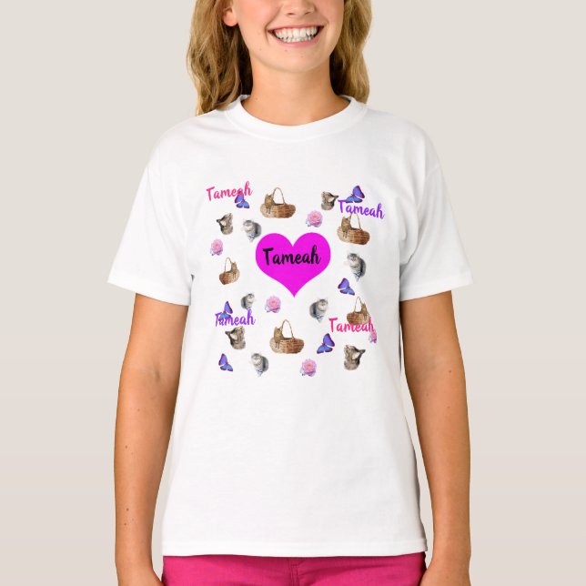 Camiseta Nombre Tameah Con Rosas De Gatos Y Mariposas, (Anverso)