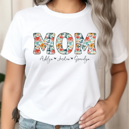 Camiseta Nombres personalizados de niños con flores de mamá