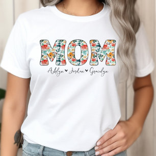 Camiseta Nombres personalizados de niños con flores de mamá