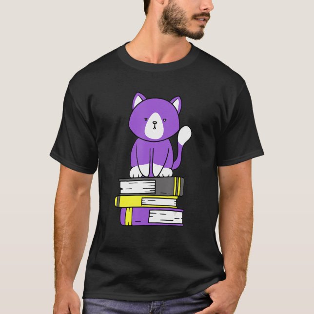 Camiseta Nonbinary Subtle Pride Cute Cat Book Pile Non Bina (Anverso)