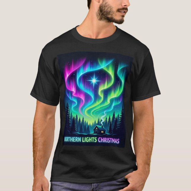 Camiseta Northern Lights Christmas Cabin – Aurora Holiday M (Anverso)