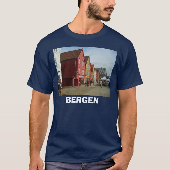 Camiseta Noruega, Bergen, edificios pintados tradicionales (Anverso)