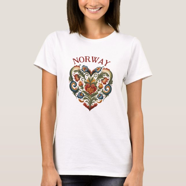 Camiseta Noruega Rosemaling Folk Art Heart (Anverso)
