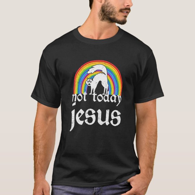 Camiseta Not Jesus Today Rainbow Satanic Cat Goth Concert (Anverso)