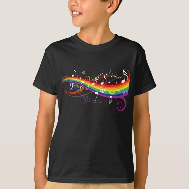 Camiseta Notas blancas de la música del arco iris sobre (Anverso)