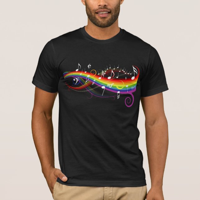 Camiseta Notas blancas de la música del arco iris sobre (Anverso)