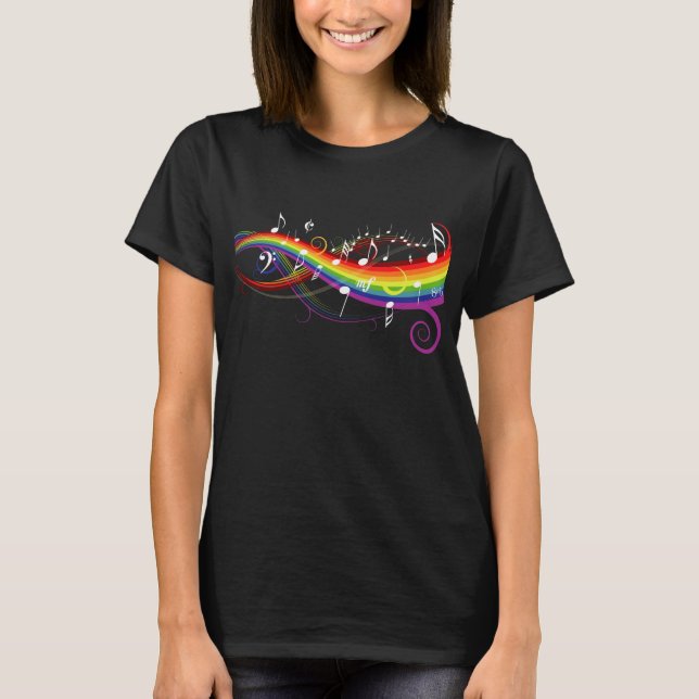 Camiseta Notas blancas de la música del arco iris sobre (Anverso)
