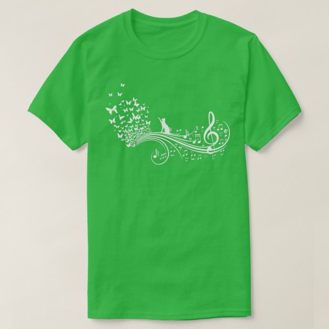 Camiseta Notas Musicales De Música Con Mariposas De Gatos,  (Diseño del anverso)