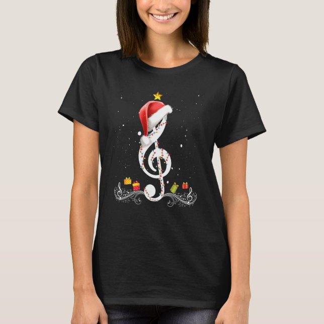 Camiseta Notas Treble Clef Santa Hat Tree Navidad Lights (Anverso)